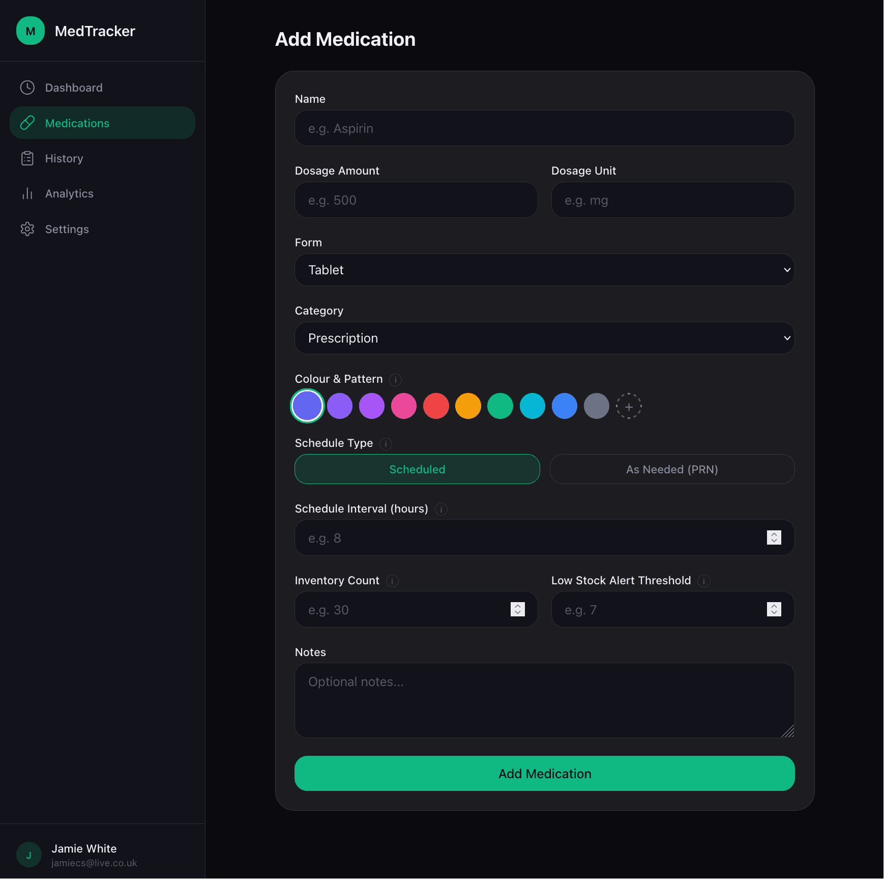 MedTracker add medication form with colour picker and pattern selection