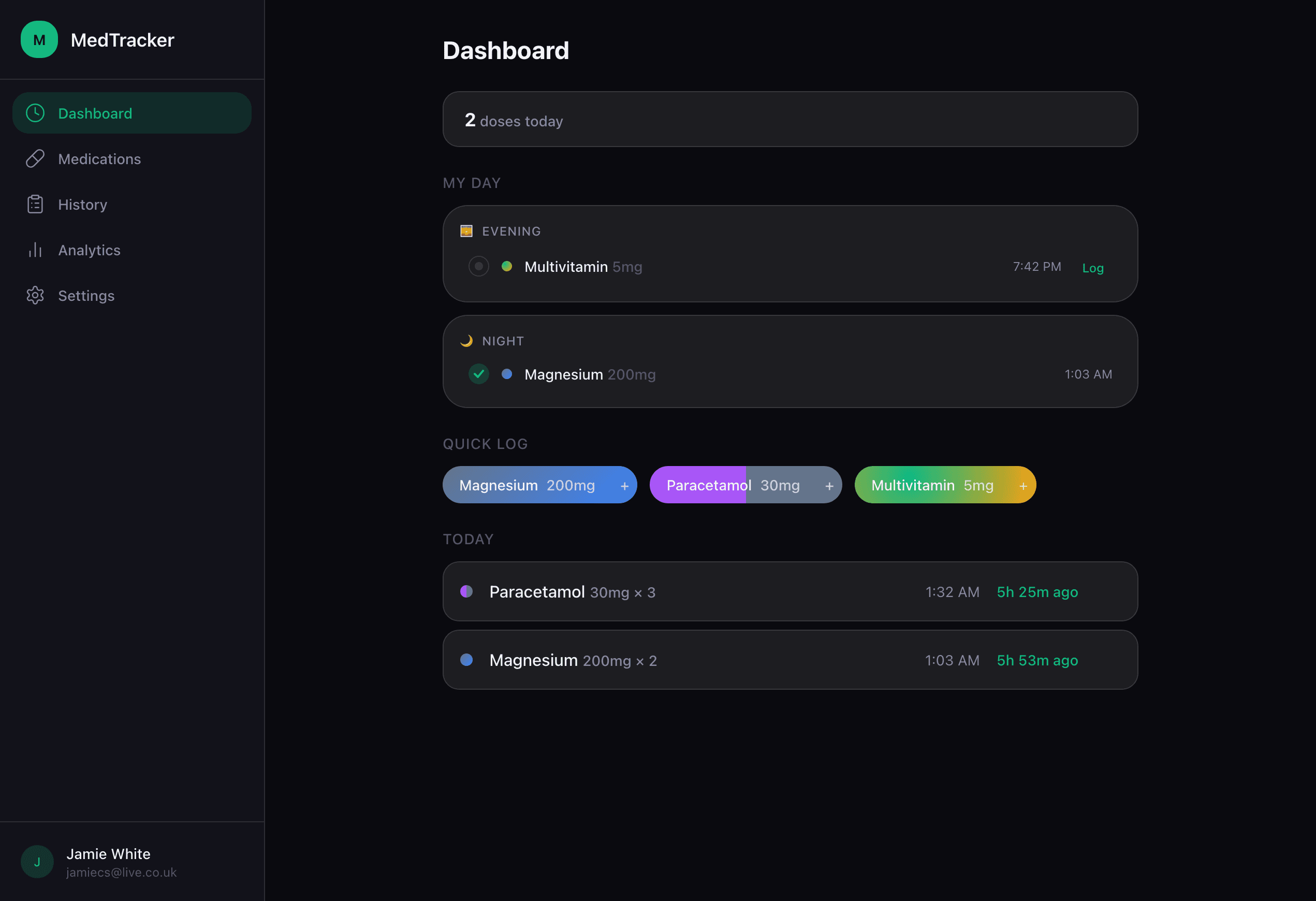 MedTracker dashboard showing My Day schedule, quick-log pills, and today's dose timeline