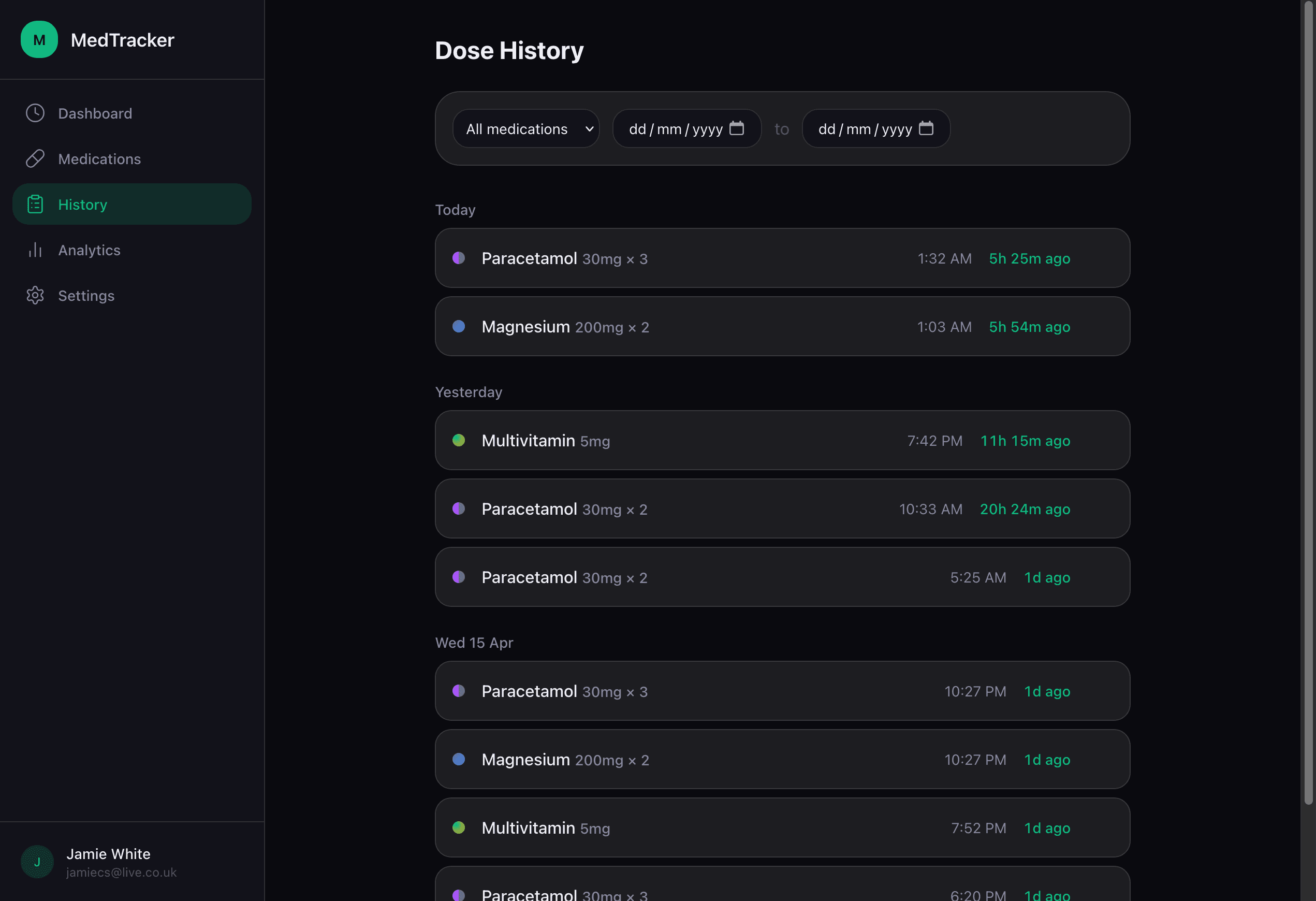 MedTracker dose history grouped by day with time-since counters