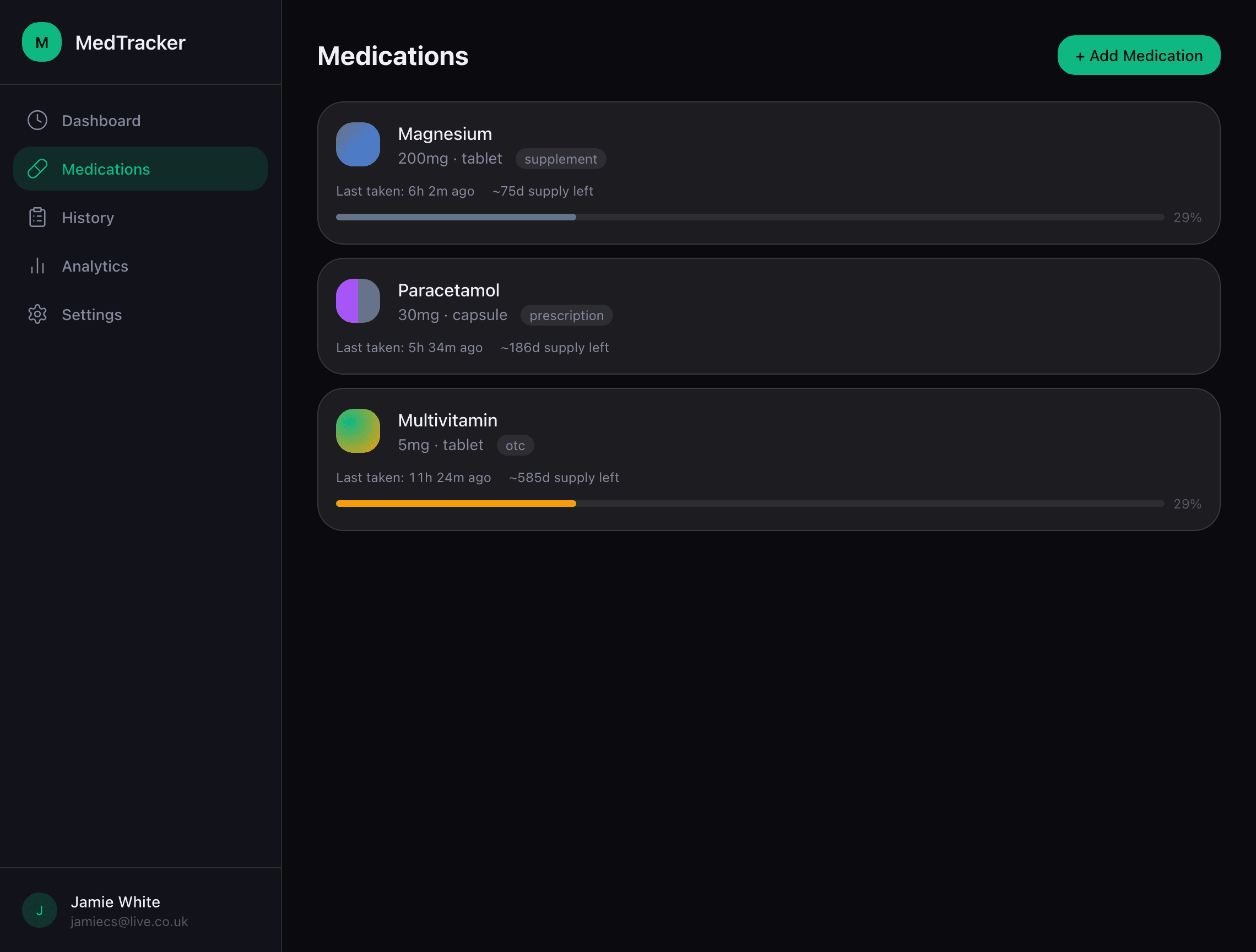MedTracker medications list with dual-colour patterns and supply bars